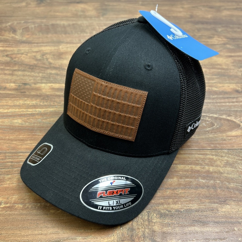 NWT Columbia Rugged Outdoor Tree Flag Mesh Back Trucker Hat Patch USA Black‎